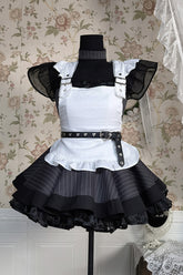 Grey Stripe Print Ruffle Bowknot Gothic Japanese Maid Lolita Dress
